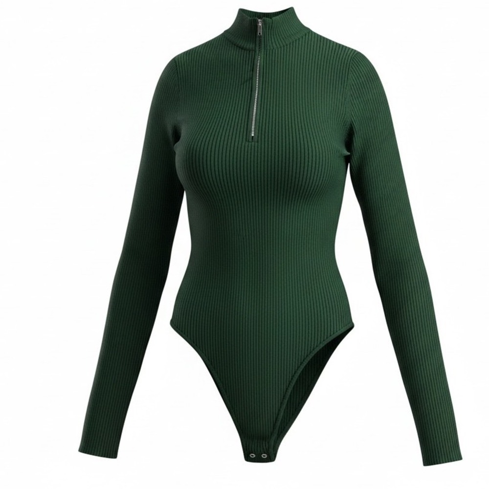 Good American Virgo Bodysuit NWOT Women's S Green Ribbed 1/4 Zip Mock Neck Thong